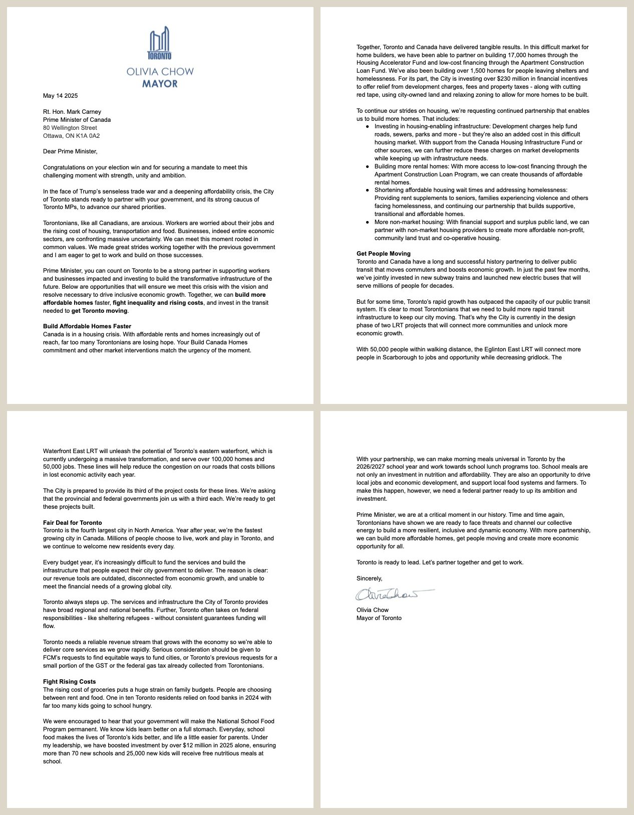 All four pages of Mayor Olivia Chow's 14 May 2025 letter to Prime Minister Mark Carney, arranged in a two-by-two grid. The pages are headed with the City of Toronto crest and cover affordable housing, transit, municipal revenue and school food programs.